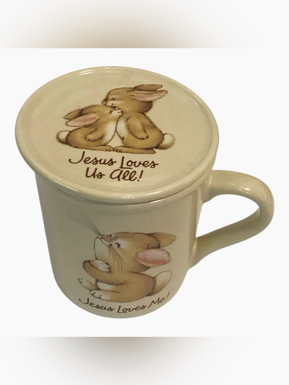 Vintage Hallmark Mug Mates w Lid Jesus Loves Me and You Bunny Rabbit Mug 10 oz